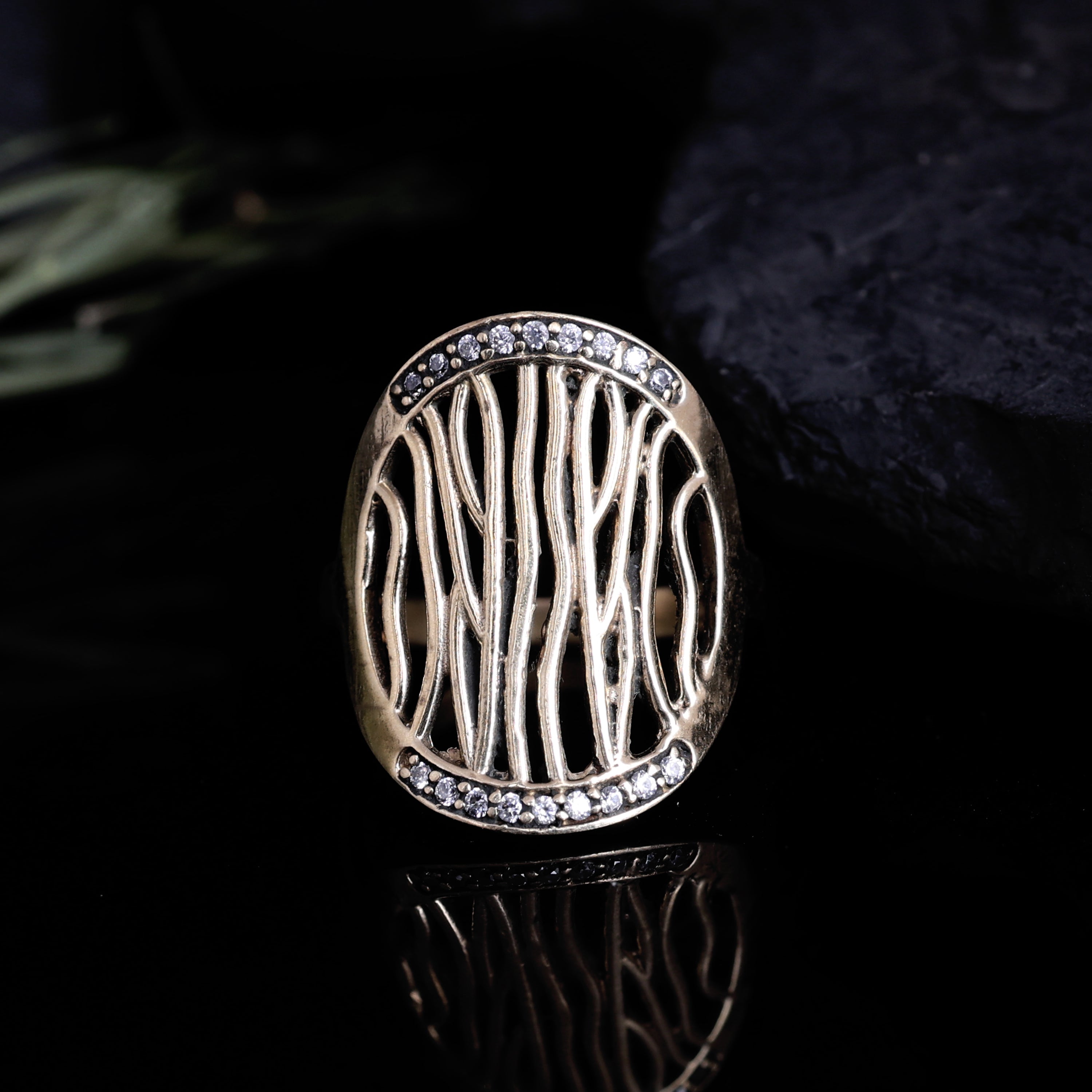 Handcrafted Brass Stone Studded Oval Ring – Elegant Statement Jewelry